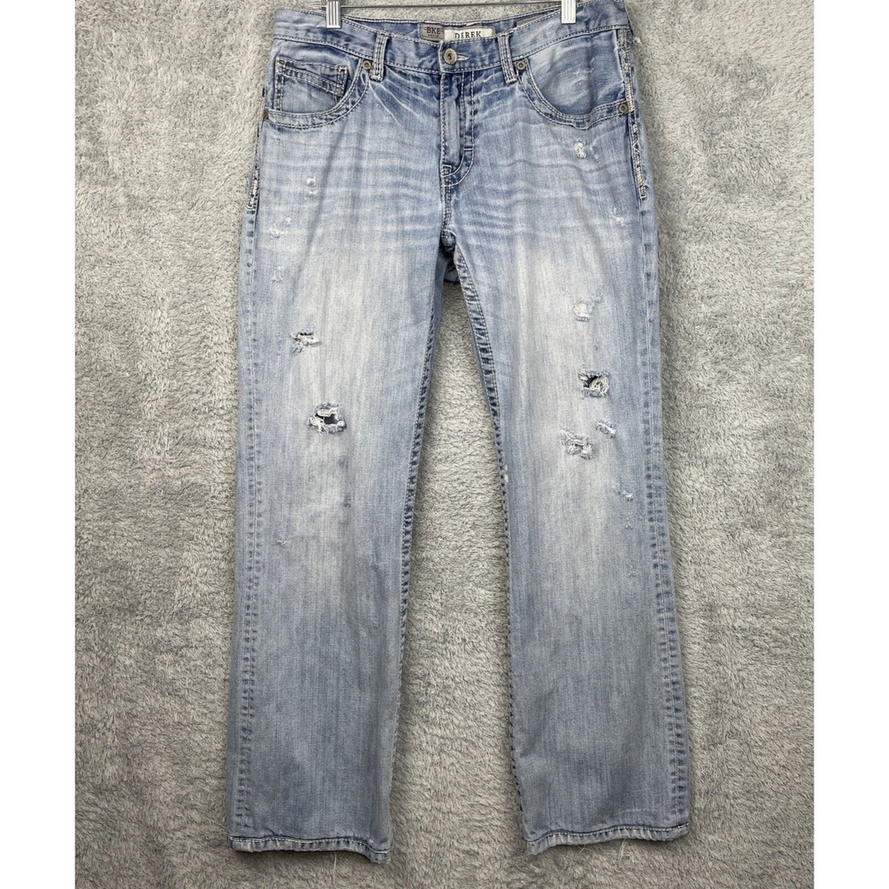 BKE Derek Jeans Mens 32L Blue Straight Leg Distressed Denim Western Cowboy Ranch